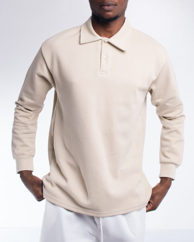 Sand brown polo shirt.