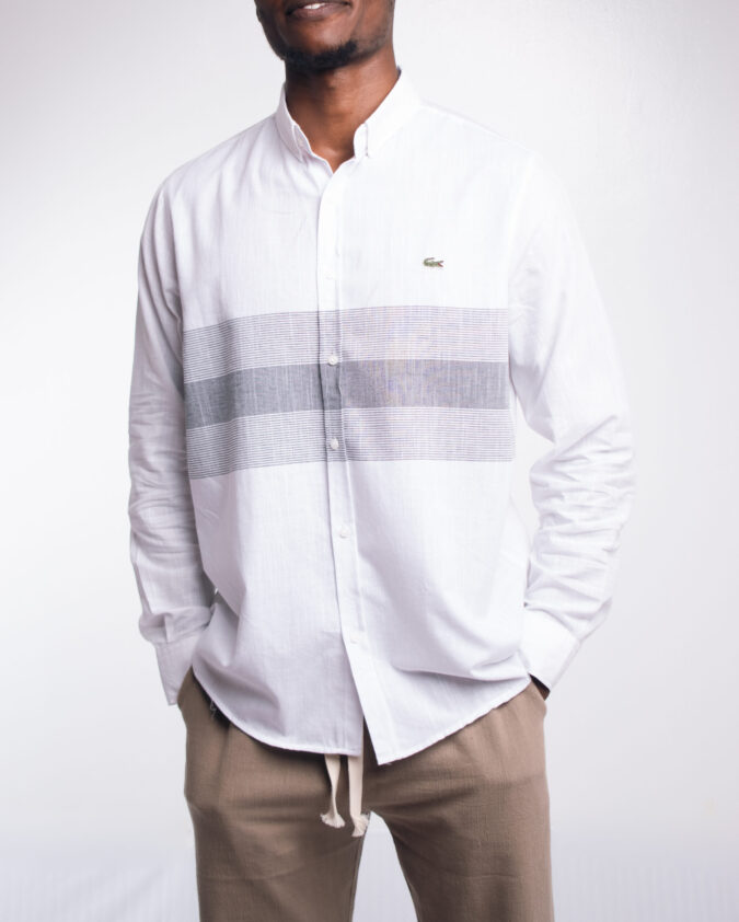 Grey button shirt.